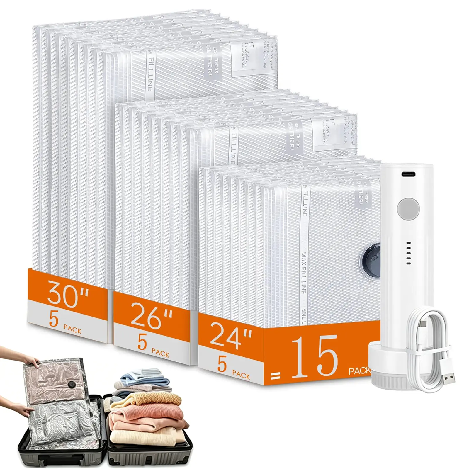 Cordless Travel Vacuum Bag Set with Rechargeable Air Pump，9/15-Pack Space Saving Storage Bags, Airtight Resealing Sealed Organizers for Luggage, Sturdy Lightweight Clothes Storage Solution, Waterproof Reusable Bags for Home，Vacuum Bags For Travel