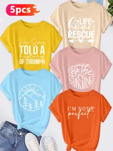 5-Pack Women's Crew Neck T-Shirts, Inspirational Slogan / Mountain & "Be The Sunshine" Print Set, Multiple Colors Available, Machine Washable, Spring & Summer Top, Soft Skin-Friendly Fabric, Daily Versatile, Fashion Design