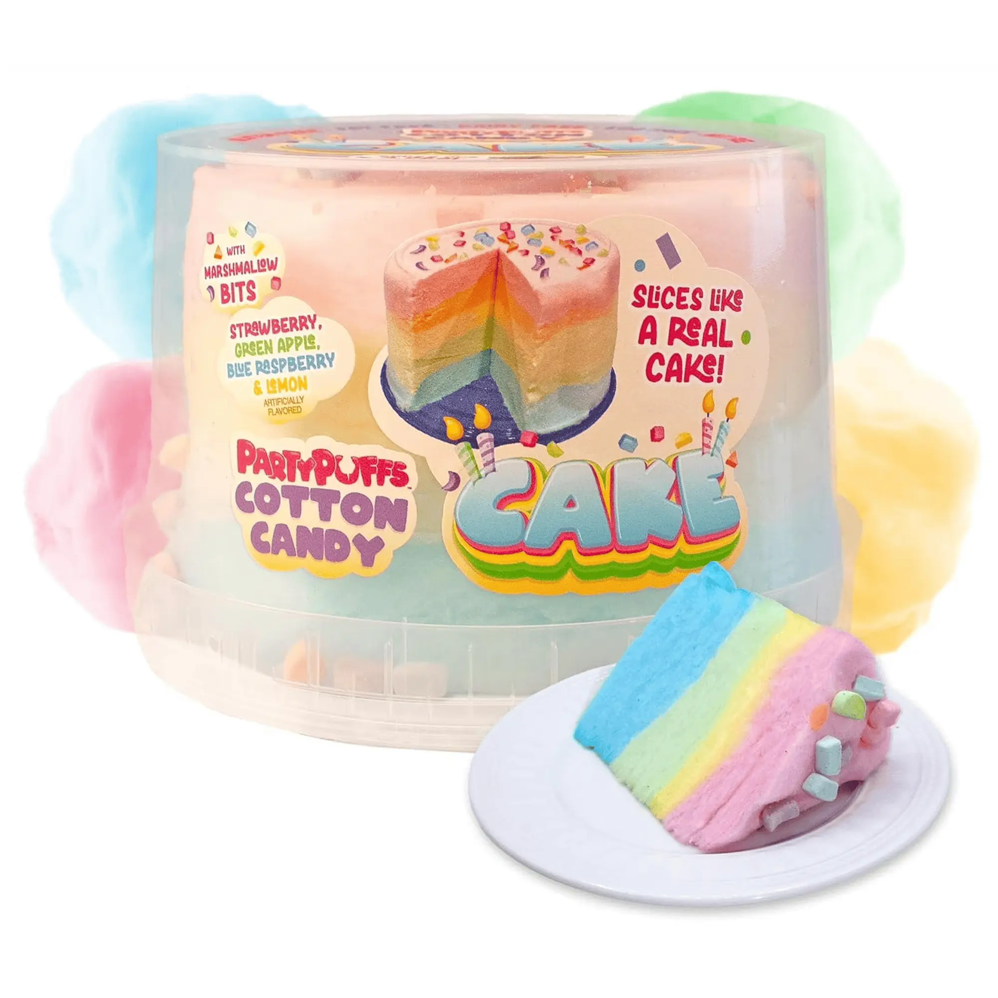 PartyPuffs Cotton Candy Cake Tub – 4.2 Ounces – Bursting With Strawberry, Green Apple, Blue Raspberry, & Lemon Flavors – Crunchy Marshmallow Bits On Top