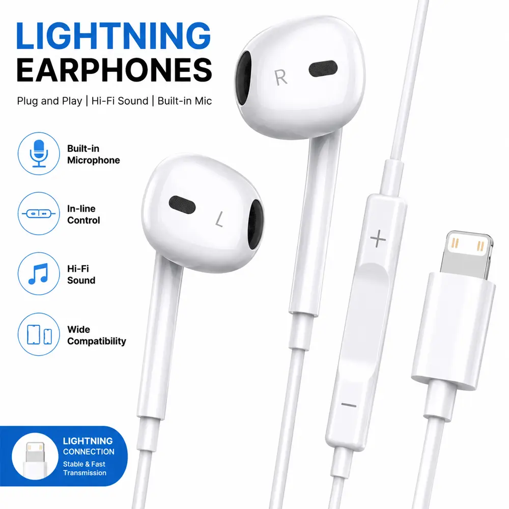 USB-C and Type-c iPhone Lightning Port Headphones with Built-in Microphone, Volume Control, Audio Functionality - White, Versatile for Daily Use
