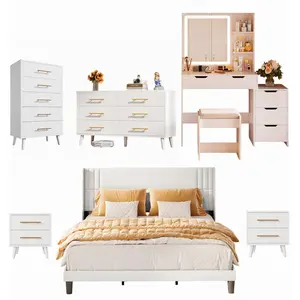 GIZOON 6-Piece White Indoor Bedroom Dressing Set - Queen Bed Frame, Luxury LED Mirror Makeup Vanity, 5-Drawer Dresser, 6-Drawer Dresser, 2 Nightstands