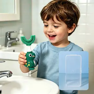 Baby Toothbrush Set, U-Shaped Soft Bristles Dinosaur Brush, Portable Storage Case Toothbrush Protector, Safe Silicone, Ages 3-6, Gentle on Gums