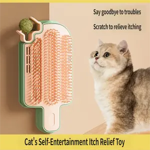 Wall Mounted Cat Self Groomer With Catnip Ball Or Feather Teaser, 2-in-1 Cat Brush & Interactive Toy, Self Grooming Cat Hair Remover Brush With Soft Bristles, Corner Cat Scratcher Brush For Indoor Cats