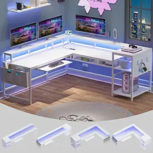 96 Inches L Shaped Reversible LED Gaming Desk White