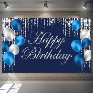 1pc Navy Blue and Silvery Happy Birthday Backdrop, 5x3ft Polyester Banner for Party Decorations, No Electricity Needed, Featherless Photo Studio Background for Youngsters, Men, Women, Birthday Party Decorations