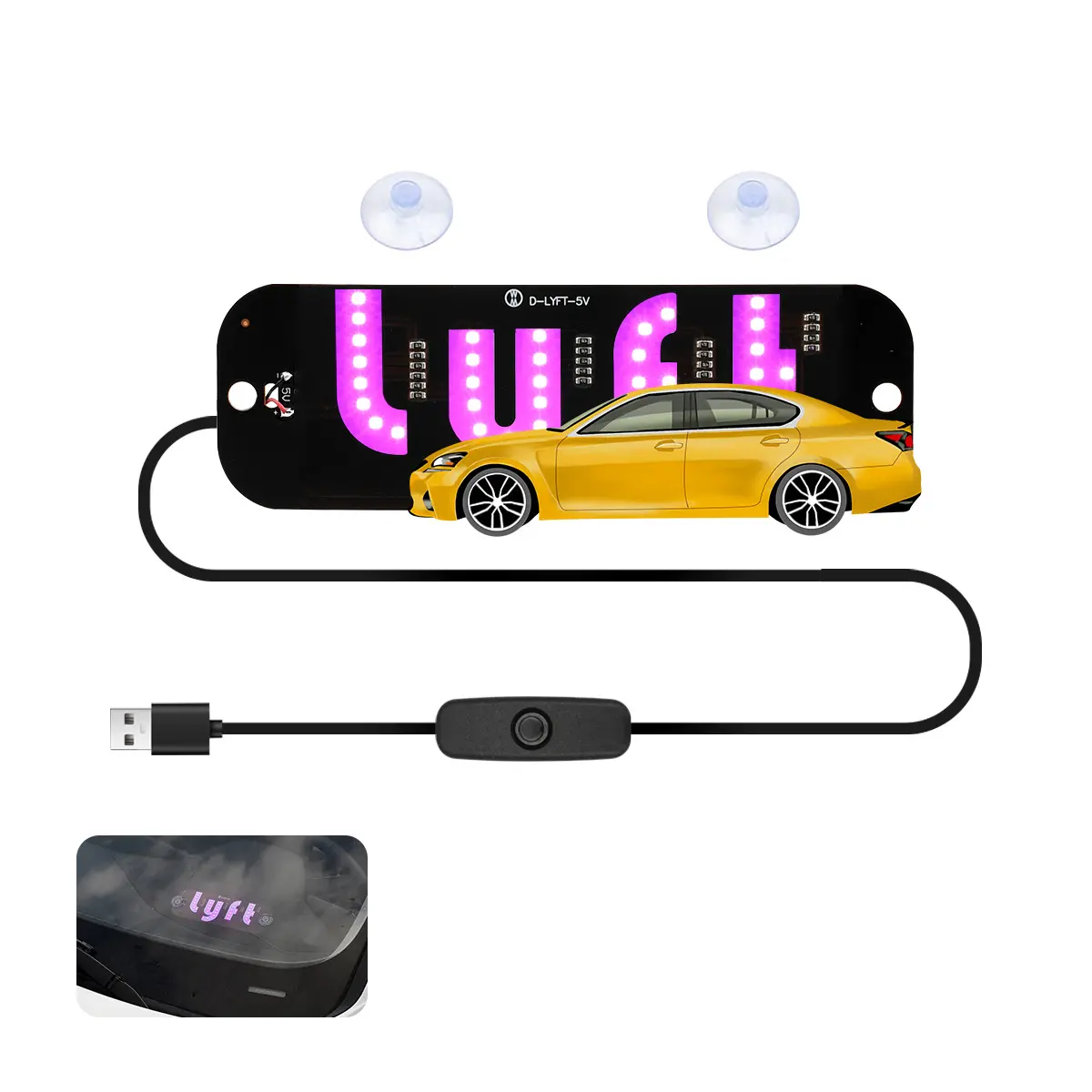 Generic LED Car Sign for Lyft Drivers, USB 5V Flexible Glowing Dashboard Indicator Light with Suction Cups, Ride-Hailing Window Glow Lamp Accessory, SY-LYFT-5V, Pink