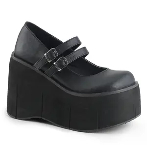 Kera-08 Round Toe Wedge Platform Mary Jane Double Strap Flats in Black Vegan Leather