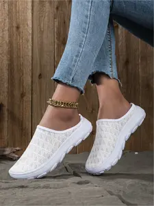Women's Platform Mule Sneakers Backless Slip On Walking Shoes Breathable Fly Woven Fabric Non Slip Outdoor Casual Shoes
