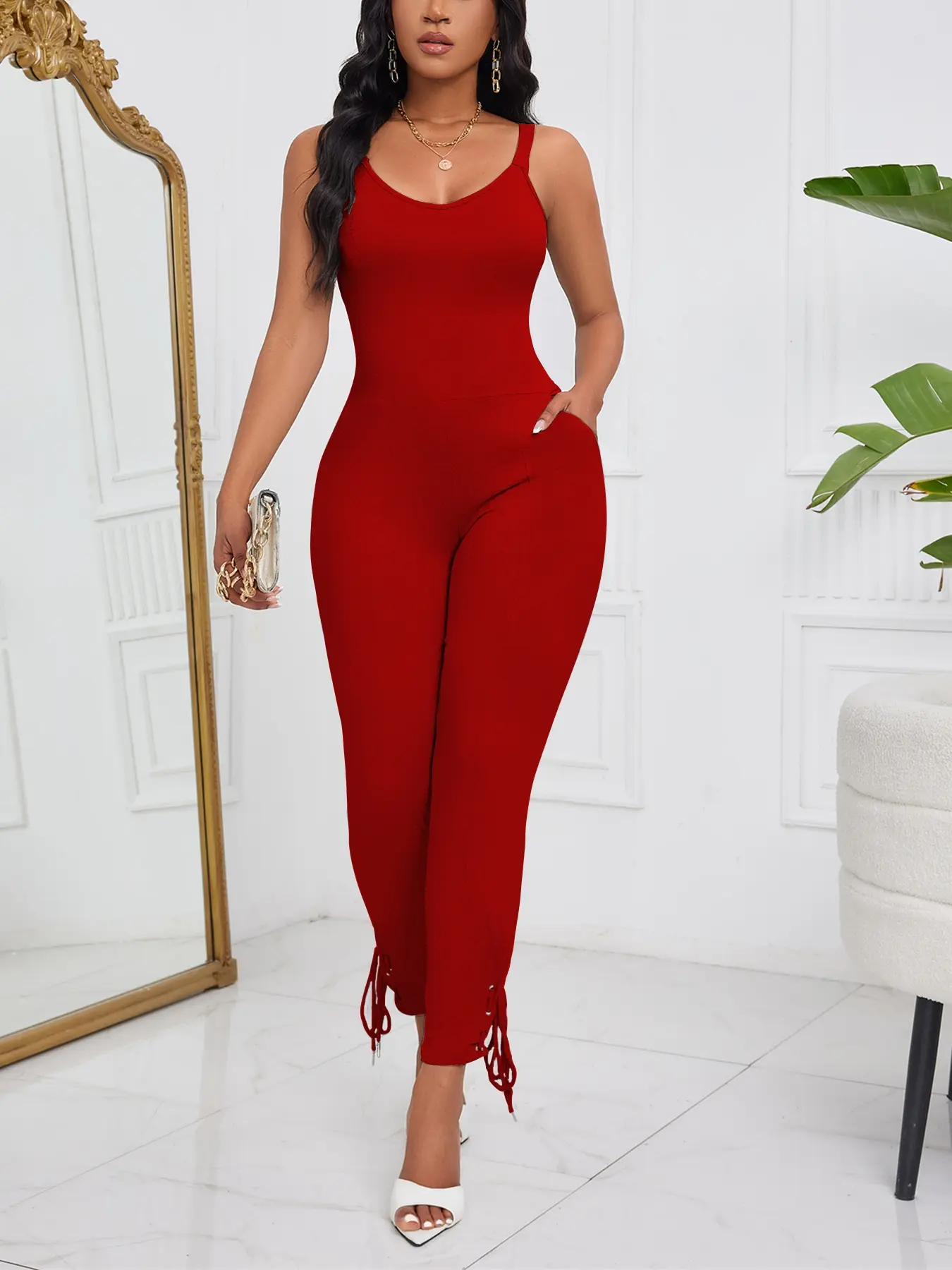 Women's Sleeveless Halter Jumpsuit, Round Neck Slim Fit Drawstring Ankle Pants, Sexy Casual Plain Minimalist Aesthetic Style, All Seasons Clothing, Knit