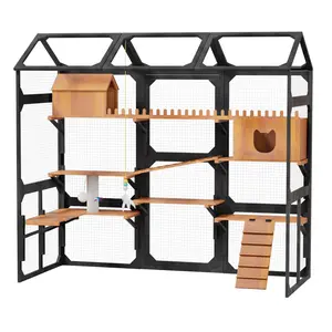 Aobtkel Large Solid Pine Outdoor Catio - Multi-Level Cat Enclosure with 2 Plant Stands, Weather-Resistant Roof, Resting Box, Climbing Ramps, Wire Mesh, Hanging Pom-Pom Toys, 107.87x35.04x73.62 Inches for Backyard Patio, Black