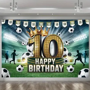 Modern Farmhouse 1pc Football Theme Happy 10th Birthday Party Banner - Amber Glow Polyester Backdrop with Soccer Field Design, Golden "10" & Trophy Decor, Green & White Text, Perfect for Home, Room, and Wall