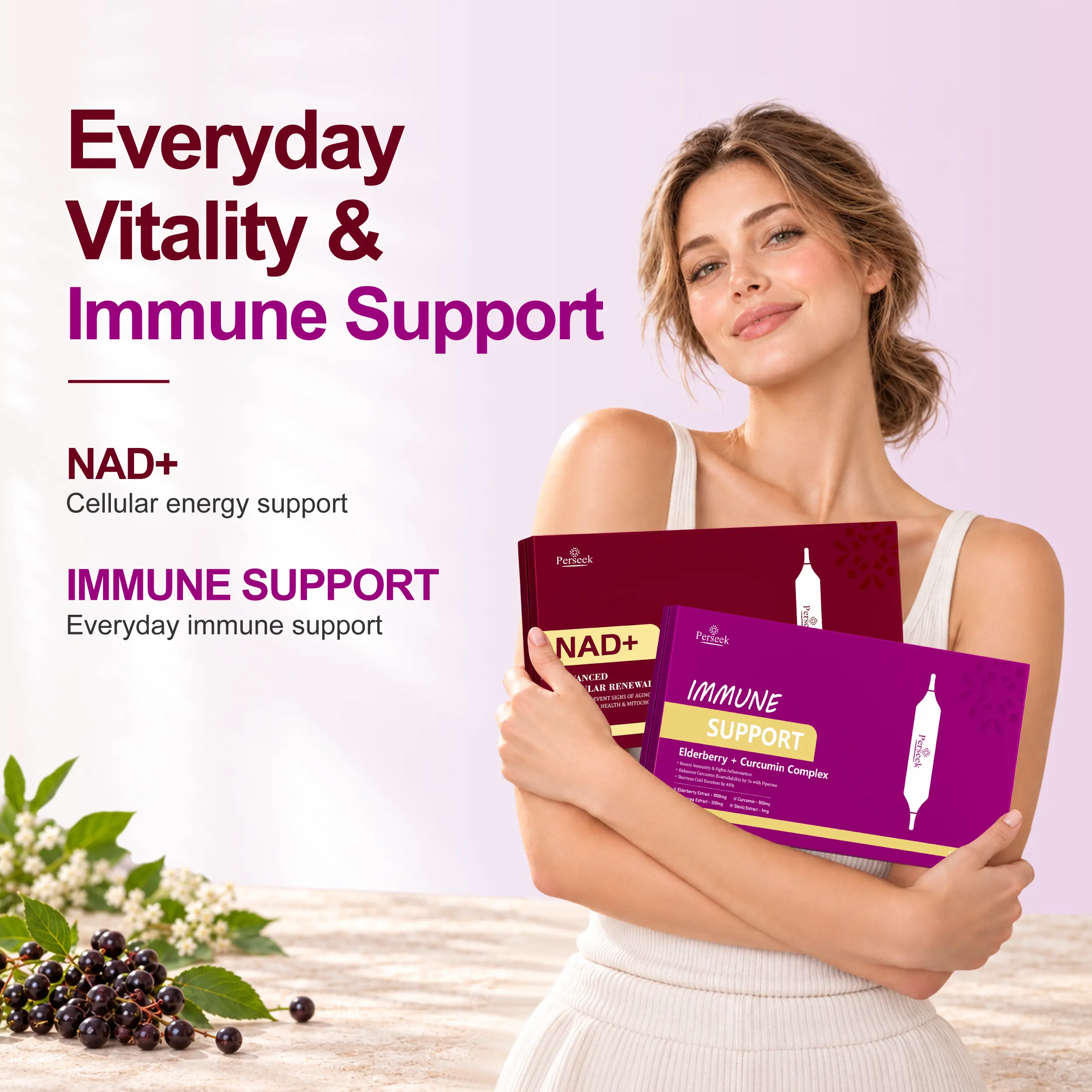 PERSEEK Dual Vitality Combo Adult Dietary Supplement - High Potency NAD+ Liquid Formula, Botanical Extracts (Elderberry, Curcumin, Black Pepper) for Cellular Rejuvenation & Synergistic Effect