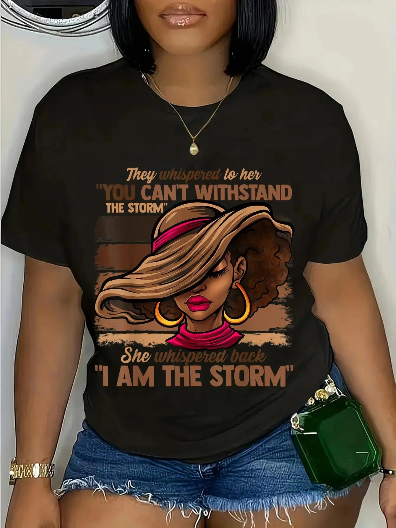 Women's 'I Am The Storm' Graphic Print T-Shirt, Black Empowerment Melanin Design, Casual Streetwear, 100% Cotton, Short Sleeve Round Neck, T Shirts Women, Stylish Women's Wear