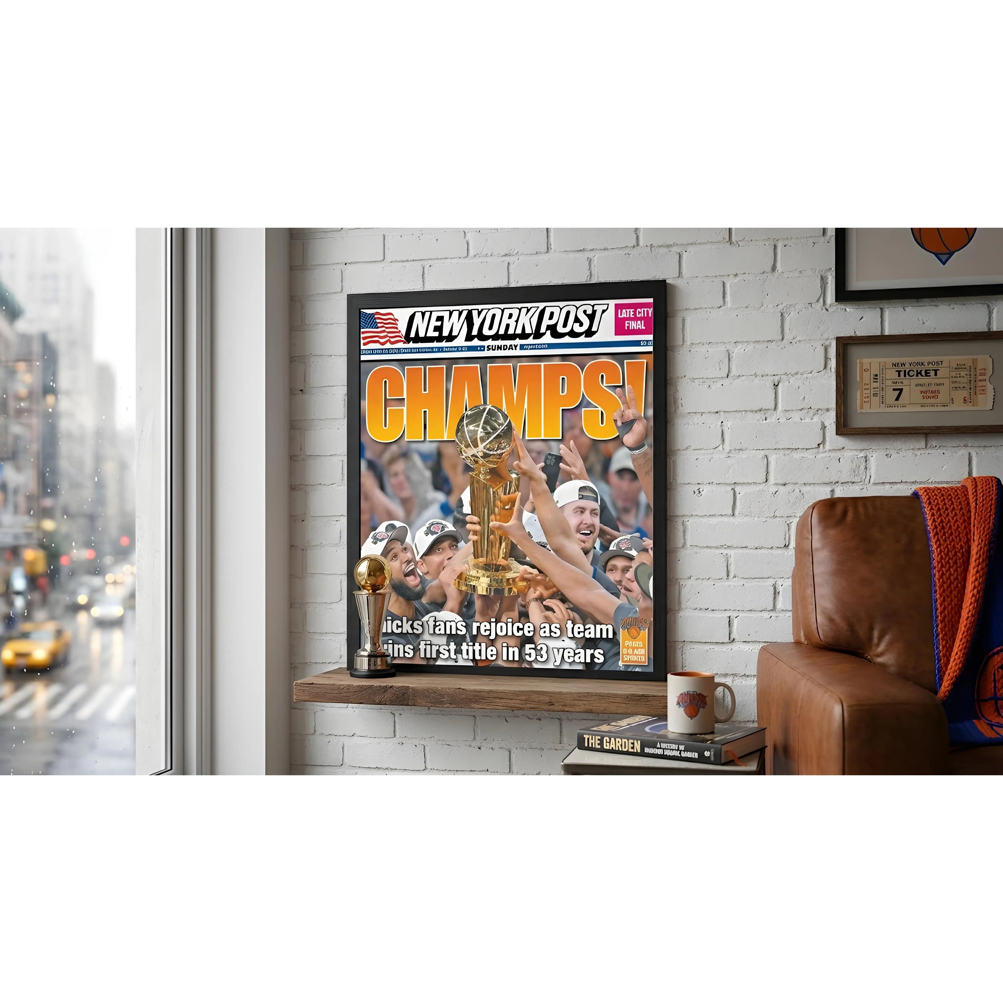 New York Post Newspaper Frame, Black Wood, Blue & Orange Mat, UV Acrylic, Holds Full Paper