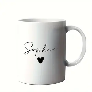 1pc Personalized Coffee Mug with Custom Name & Heart Design - White & Black Contrast, Elegant Cursive Font, High-Quality Durable - Gift for Mom, Dad, Brother, Sister, Son, Daughter, Grandparents, Coffee Bar Accessories, Keepsake Item, Stylish Contrast, St