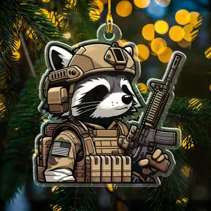 Tactical Raccoon Christmas Ornament, Cute Military Animal Acrylic Ornament, Funny Combat Operator Raccoon Decoration, Tactical Gear Holiday Tree Ornament