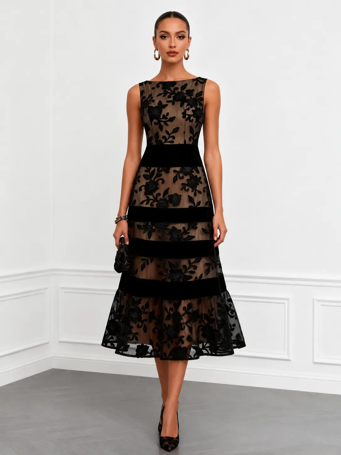 FEHAUTE Black Mesh Lace Jacquard Boat Neck Sleeveless Cocktail Party Wedding Guest Evening Dress Midi Dress Elegant Velvet Striped A-Line Dress Formal Womenswear