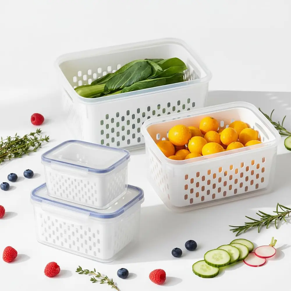 2/4/6 Pack Stackable Produce Crisper Bins For Refrigerator, Detachable Colander Fruit Storage Box, BPA-Free Sealed Container For Leafy Greens Blackberry Carrot Lamb Long Freshness