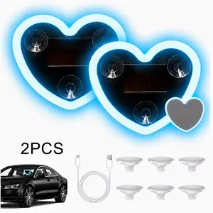 2PCS Solar-Powered Car Led Lights Interior,Ambient Lighting Car Window Light,Double Heart-Shaped Pink Girl Car Accessories with Suction Cup,Valentines Decor(Light Blue)
