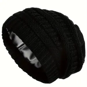 Women's Winter Beanie with Satin Lining & Striped Design - Elastic Breathable No-Brim Slouchy Hat, Soft Warm Urban Chic Unisex-Style Cap for Casual Outings, Hat, Stylish Indoor Warmth, Stylish Knitwear, Durable Construction