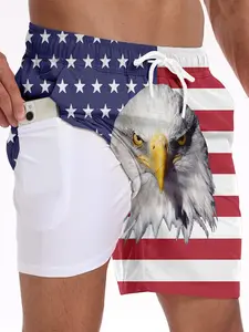 Men's American Flag Eagle Print Quick-Dry Swim Trunks, Beach Swimming Casual Shorts, Drawstring Waist Elasticity, Side Pockets, Swimwear Shorts