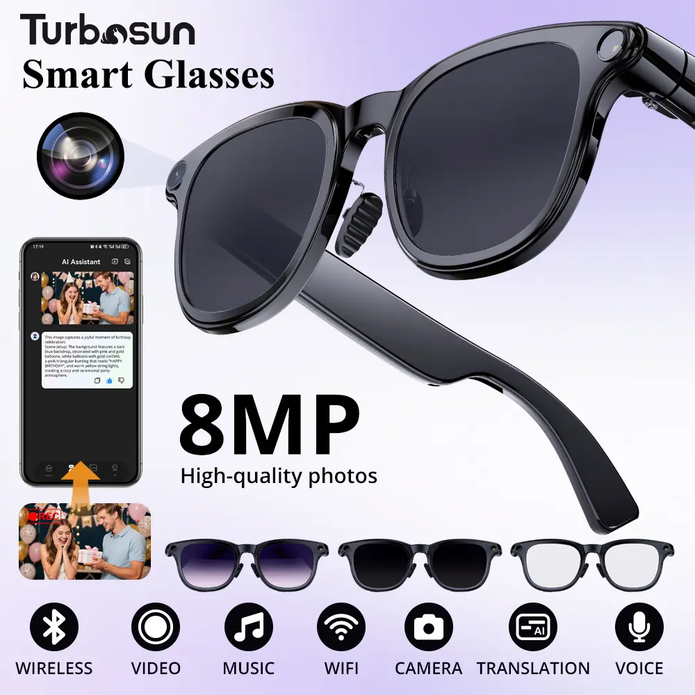 Turbosun A2 AI Smart Glasses with 8MP Camera, 2K Anti-Shake Video, Real-Time Voice Translation & ChatGPT Integration, Bluetooth Audio, Touch Control – Stylish Wearable Tech for Men, Driving, Sports & Commuting