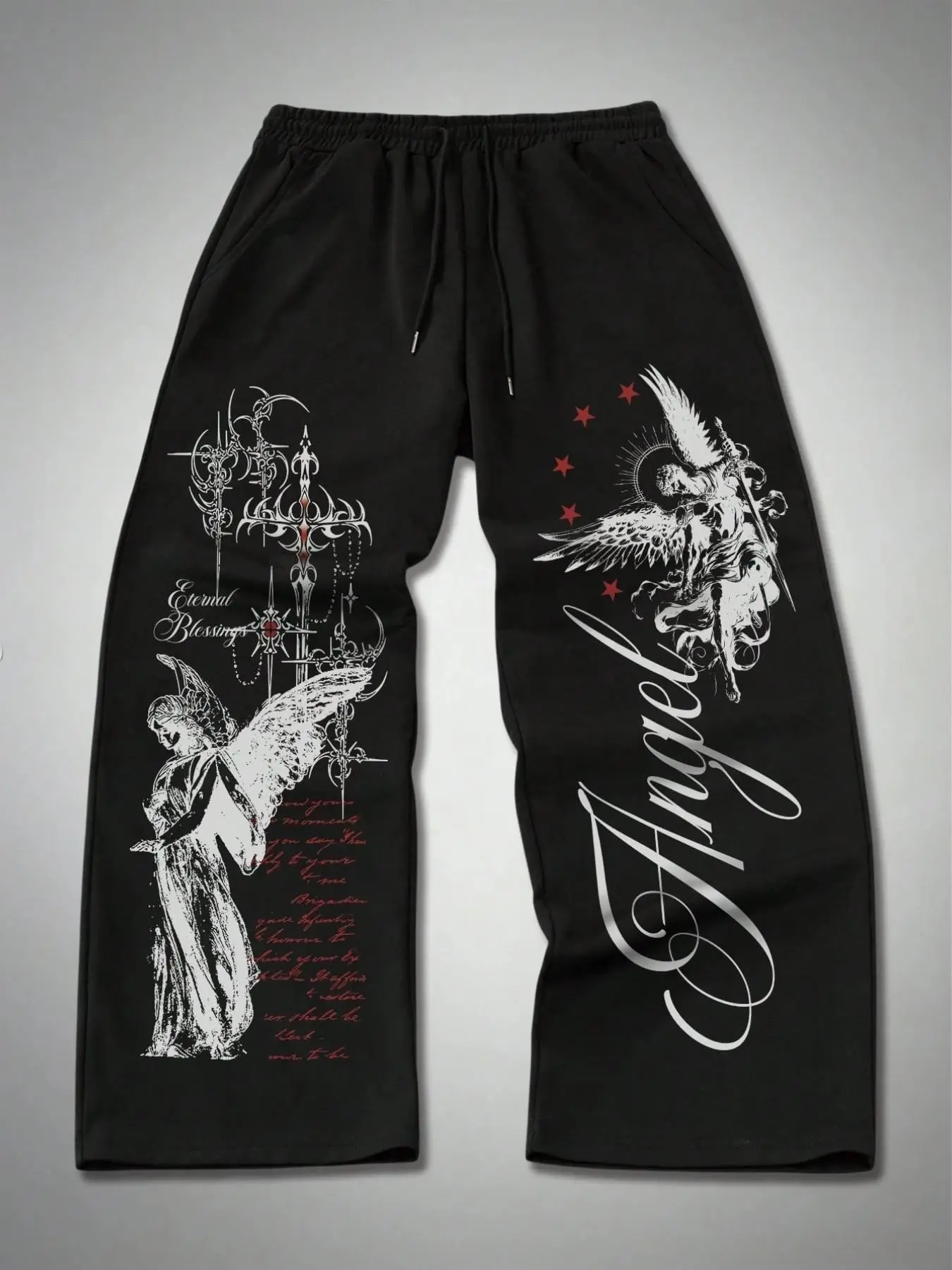 Unisex streetwear style, Angel Gothic Angel print wide-leg sweatpants, Y2K distressed streetwear look, dark aesthetic pants, Bottom, drawstring waistband, Casual streetwear pants, Fashion streetwear bottoms