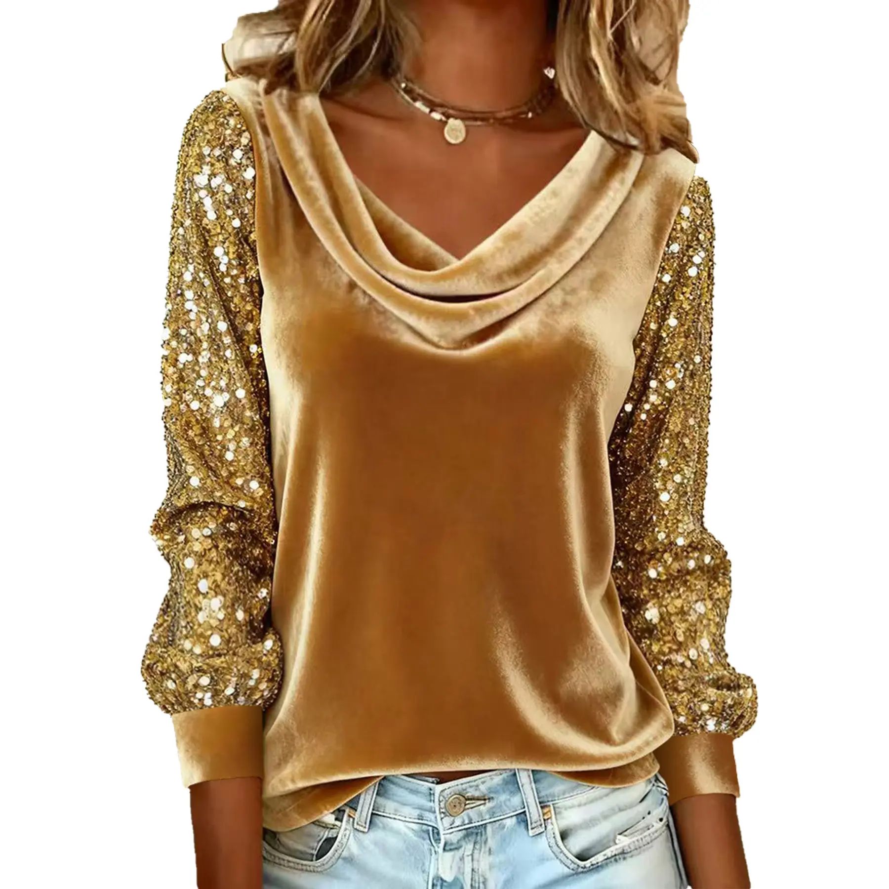 MULLVEIG Women's Cowl Neck Velvet Top - Champagne Gold Sequin Puff Long Sleeve Blouse, Elegant Holiday Party Cocktail Shirt,Comfortable Casual Outfit, Fall Womenswear,Perfect for Night Out