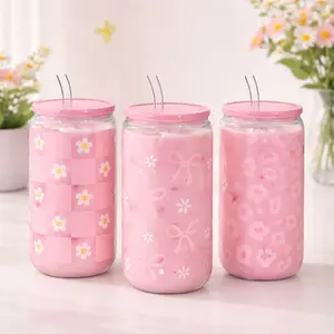 SANDJEST 16oz Glass Cup with Straw & Lid, Reusable Iced Coffee Drinking Can Shaped Cups, Drinkware Home Office Spring Mother's Day Gift for Women