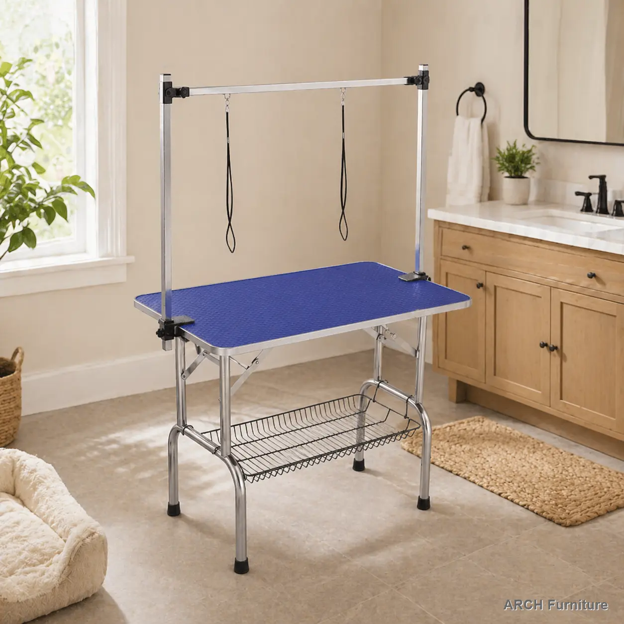 42 Inch Heavy-Duty Blue Metal Dog Grooming Table - Rubber Adjustable Arm, Secure Clamping, MDF Top, Ribbed Surface, Easy Cleaning, Aesthetic Design, 34 lbs, High Stability, 300lbs Capacity, L106cm*W60cm*H76cm