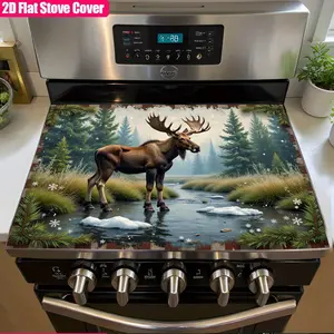 A cover for an electric stove, with a Christmas themed reindeer and creek pattern, surrounded by forests and snow, pot mat, insulation mat, kitchen utensils and supplies, electrical accessories, mat, oven mat, absorbent mat