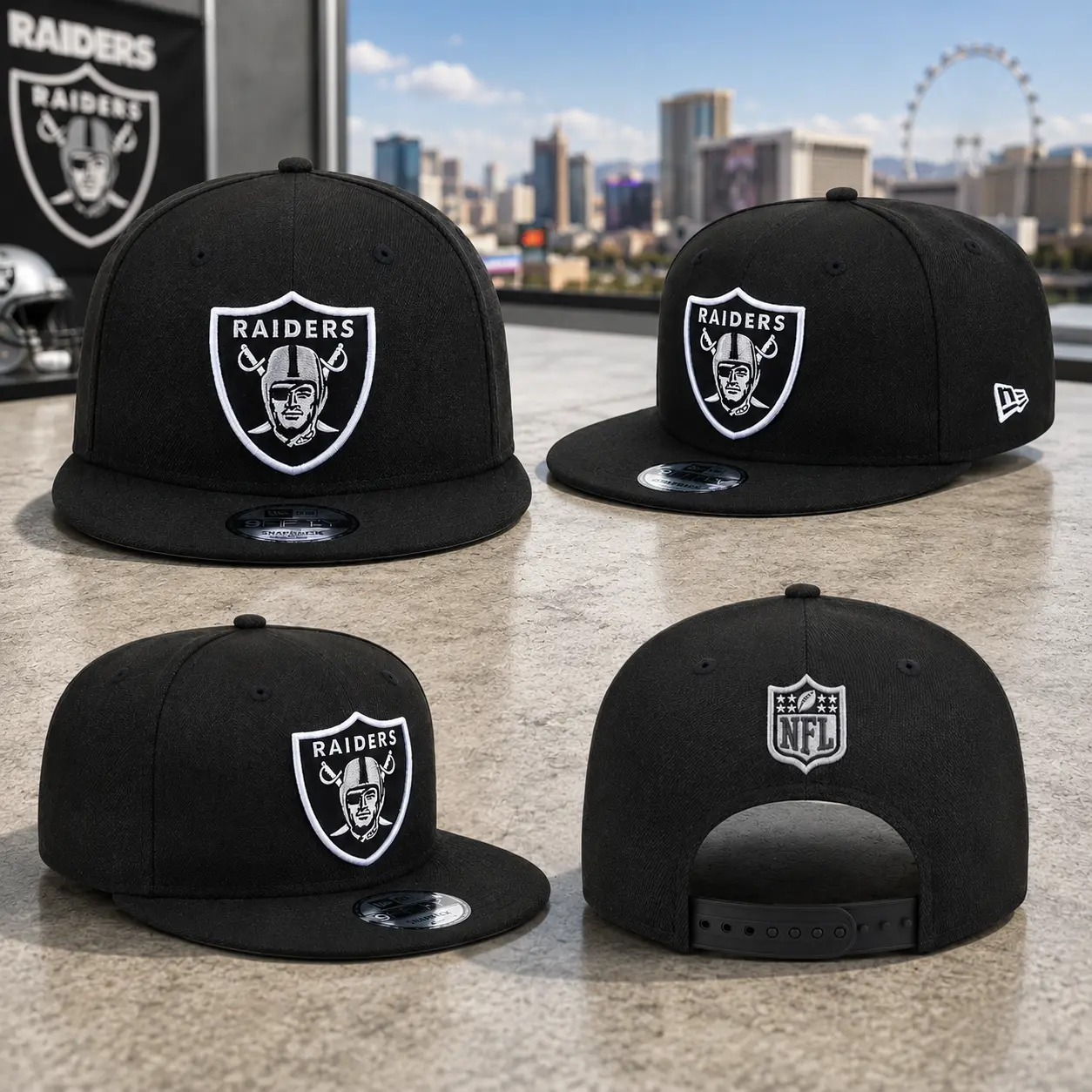 Raiders Embroidered Snapback Cap – Black Adjustable Flat Bill Football Fan Hat, Classic Streetwear Style