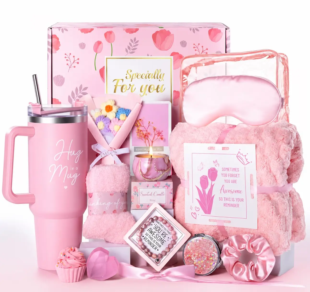 15Pcs Birthday Gifts for Women, Relaxing Spa Basket with Luxury Flannel Blanket and 40 oz Tumbler - Care Package for Her, Mom, Wife, Friends - Valentine's, Mother's Day, Christmas Birthday Gifts