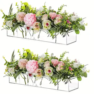 2-Pack Transparent Acrylic Rectangular Vases, 15.7 Inches Long, 16-Hole Floral Centerpieces for Dining Table, Home Decor, Wedding Decor