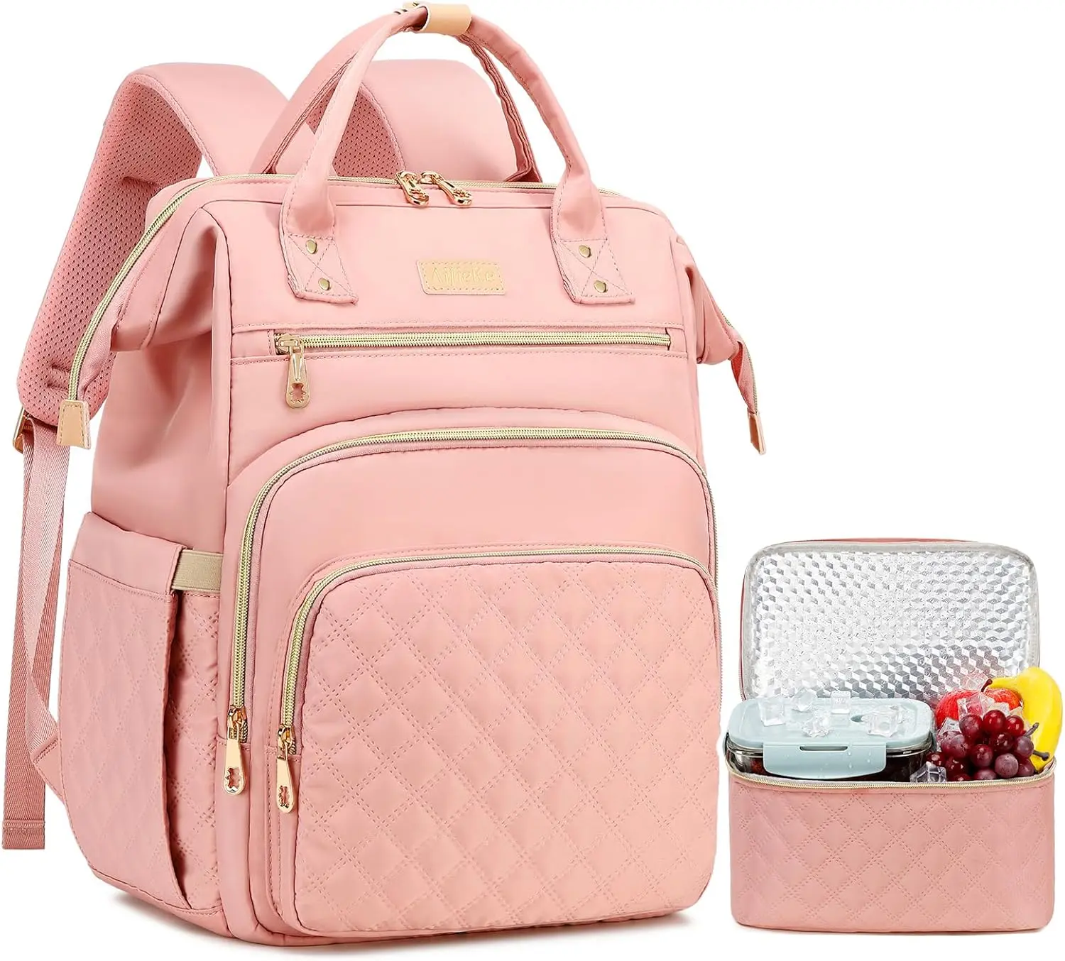 Lunch Backpack for Women, 15.6 Inch Laptop Backpack with Detachable Insulated Cooler Lunch Box, 2-in-1 Water Resistant Work Computer Bag for Nurse Teacher College Commute, Pink