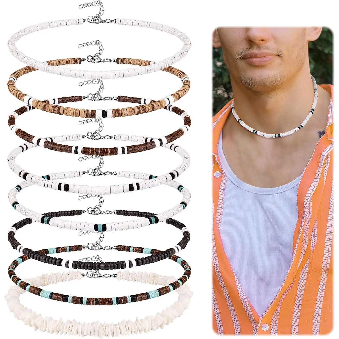 8 count Puka Shell Necklace for Men Women Summer Beach Surfer Necklace Men Hawaiian Seashell Choker Necklace with Clam Chip Beads Necklace Beach  Set 16/18 Inches