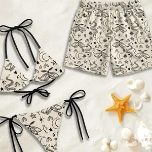 Mystic Snake Moon Butterfly Print Couple Swimwear Set, Matching Bikini and Shorts RFL HM0