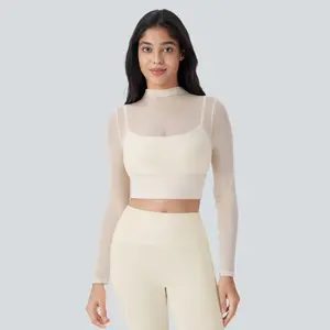 Halara Contrast Mesh Long Sleeve 2-in-1 Cropped Yoga Sports Top