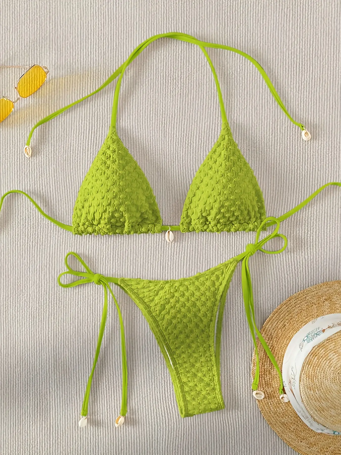Sexy Solid Color White Textured Two-Piece Bikini Set for Women - Backless Halter Tie Design, Swimwear with Adjustable Straps and Ruffled Trim - Perfect for Summer Beach Vacation and Pool Party