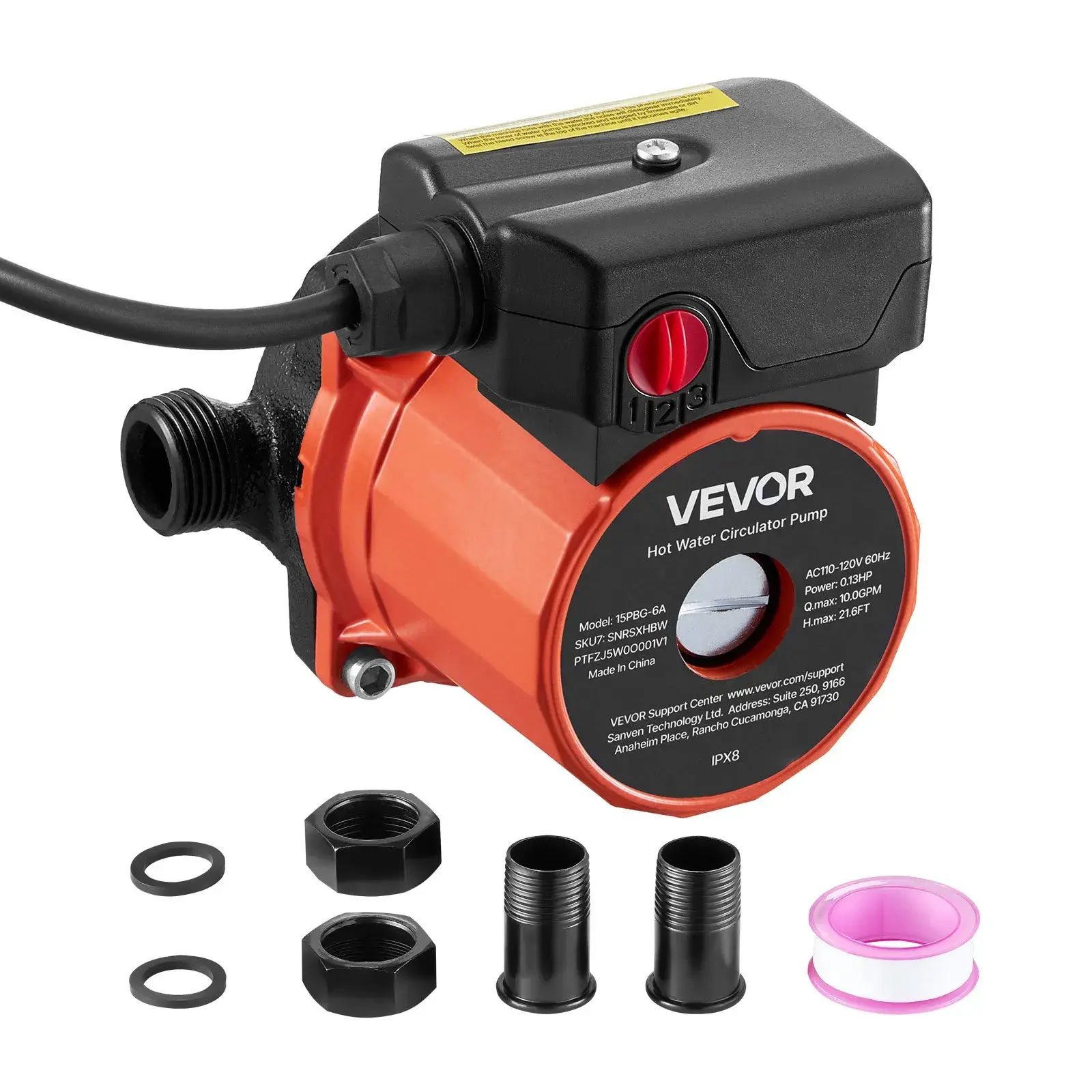 【Summerfinds】VEVOR Durable Cast Iron Hot Water Recirculating Pump Complete Kit, 10.0 GPM Flow, 0.13 HP, 110-120V, 3-Speed Control, 3/4 in to 1/2 in NPT Adapter, 21.6 ft Head Lift, Efficient Circulation System for Water Heater, Kitchen Faucets