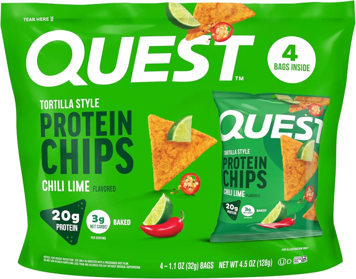 Quest Tortilla Style Protein Chips, Crispy Crunchy Chili Lime Flavor, 1.1oz Protein Snack Bags - 4 Count