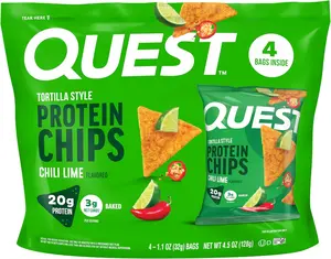 Quest Tortilla Style Protein Chips, Crispy Crunchy Chili Lime Flavor, 1.1oz Protein Snack Bags - 4 Count