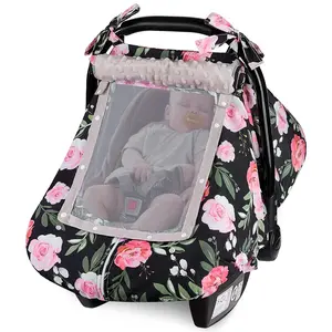 Baby Car Seat Cover, Car Seat Covers for Babies Infant Car Seat Canopy with Breathable Mesh Window Waterproof Carseat Cover for Babies Boy Girl 4 Seasons, Black/Flowers
