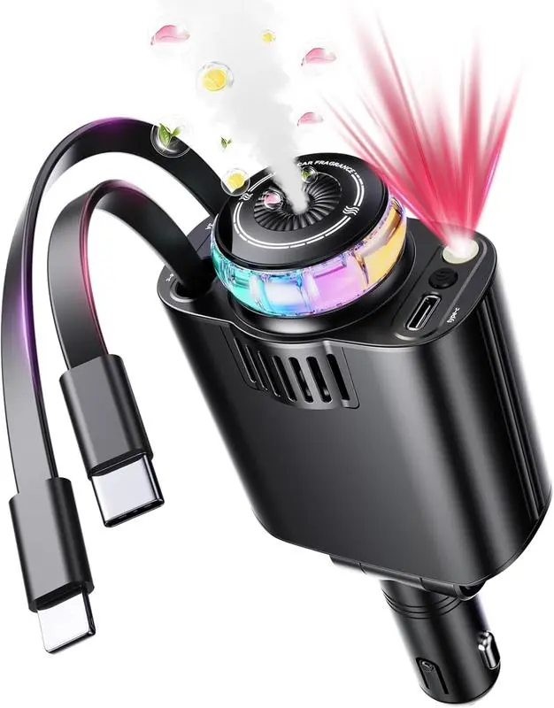 Starlight Retractable Car Charger with Car Aromatherapy Essential Oil Diffuser, Starlight in Car Roof 5-in-1 Fast Charging, 2 Retractable Cables and USB‑C Car Charger Adapter, Compatible with iPhone 17 Retractable Automotive Charger Smartphone Charger