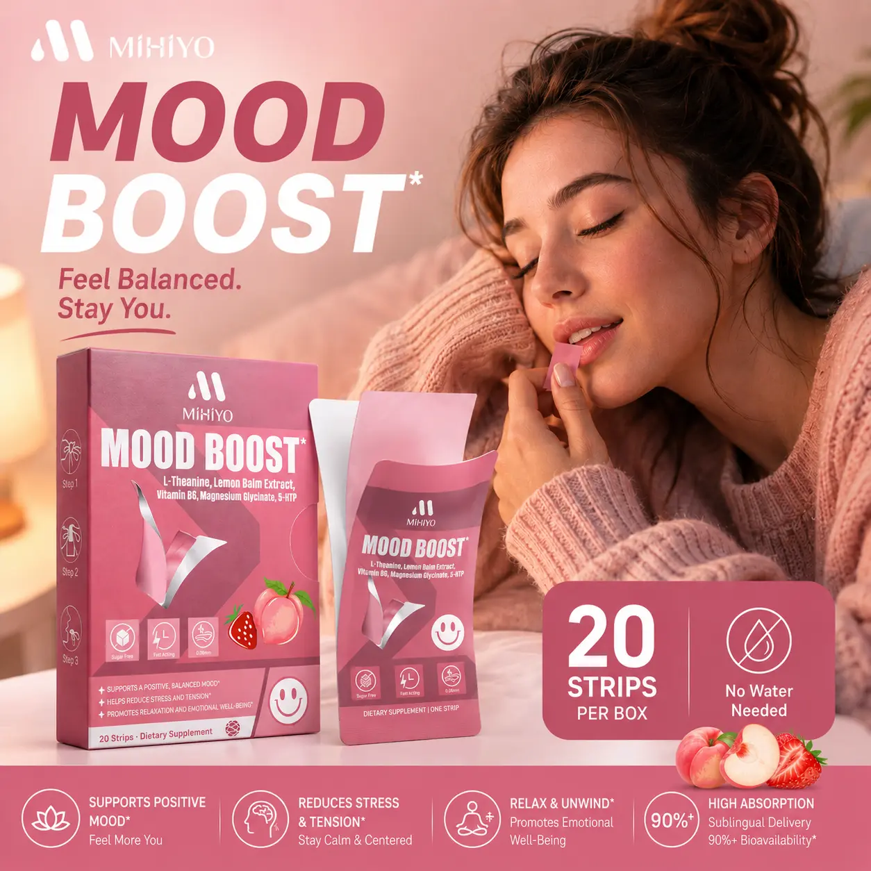 MIHIYO Mood Boost Oral Strips - Fast Acting Stress Relief with 5-HTP, L-Theanine & Lemon Balm - Natural Strawberry Peach Flavor, Sugar-Free, 20 Strips