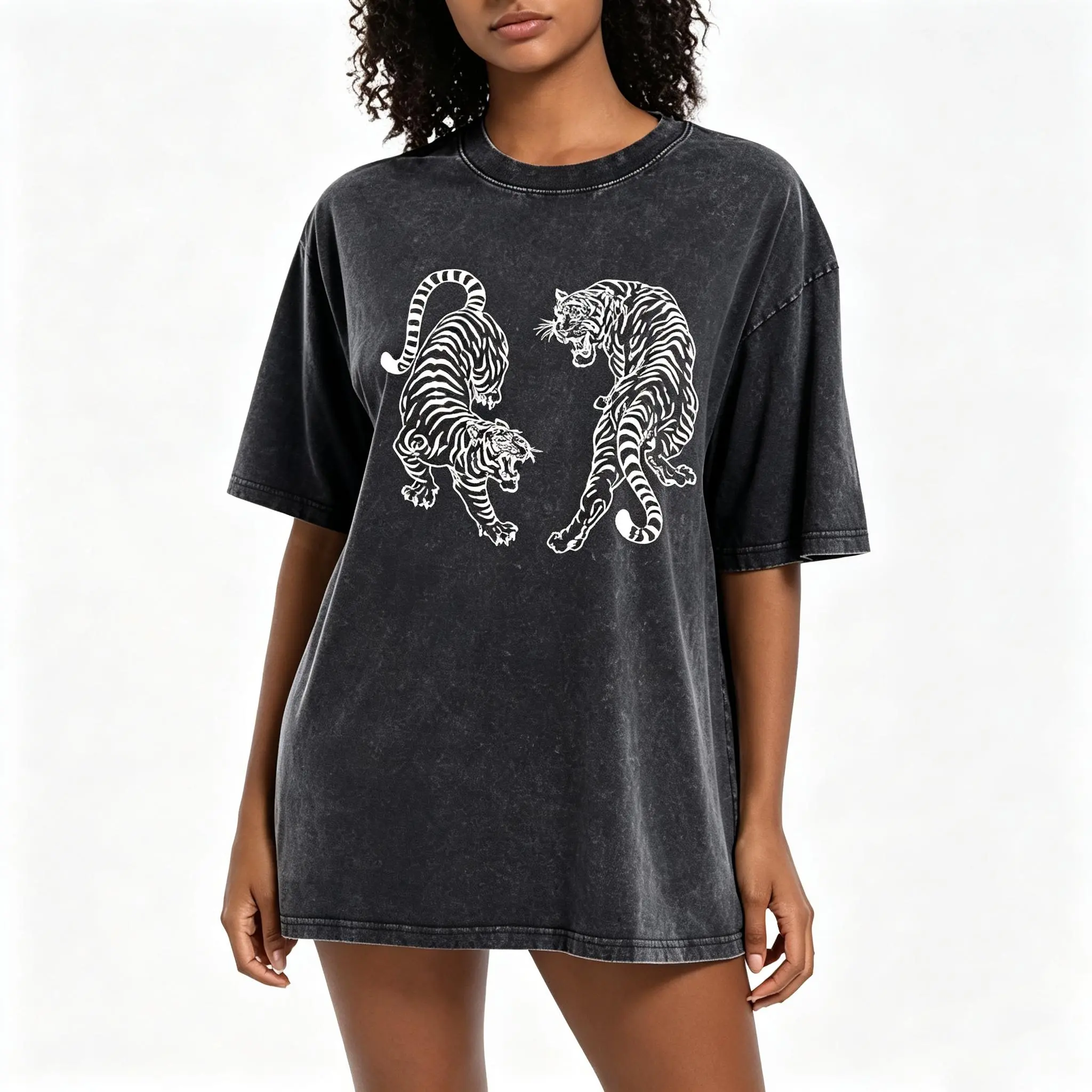 Men's Acid Wash Oversized Cotton T-Shirt, Tiger Graphic Streetwear Short Sleeve Clothes, Summer Tops