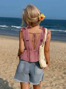 French Elegant Gingham Sleeveless Top, Deep V Neck Strap Bow, Back Tie Waist Cinch, Flowy Ruffle Hem, Casual Beach Vacation Tank