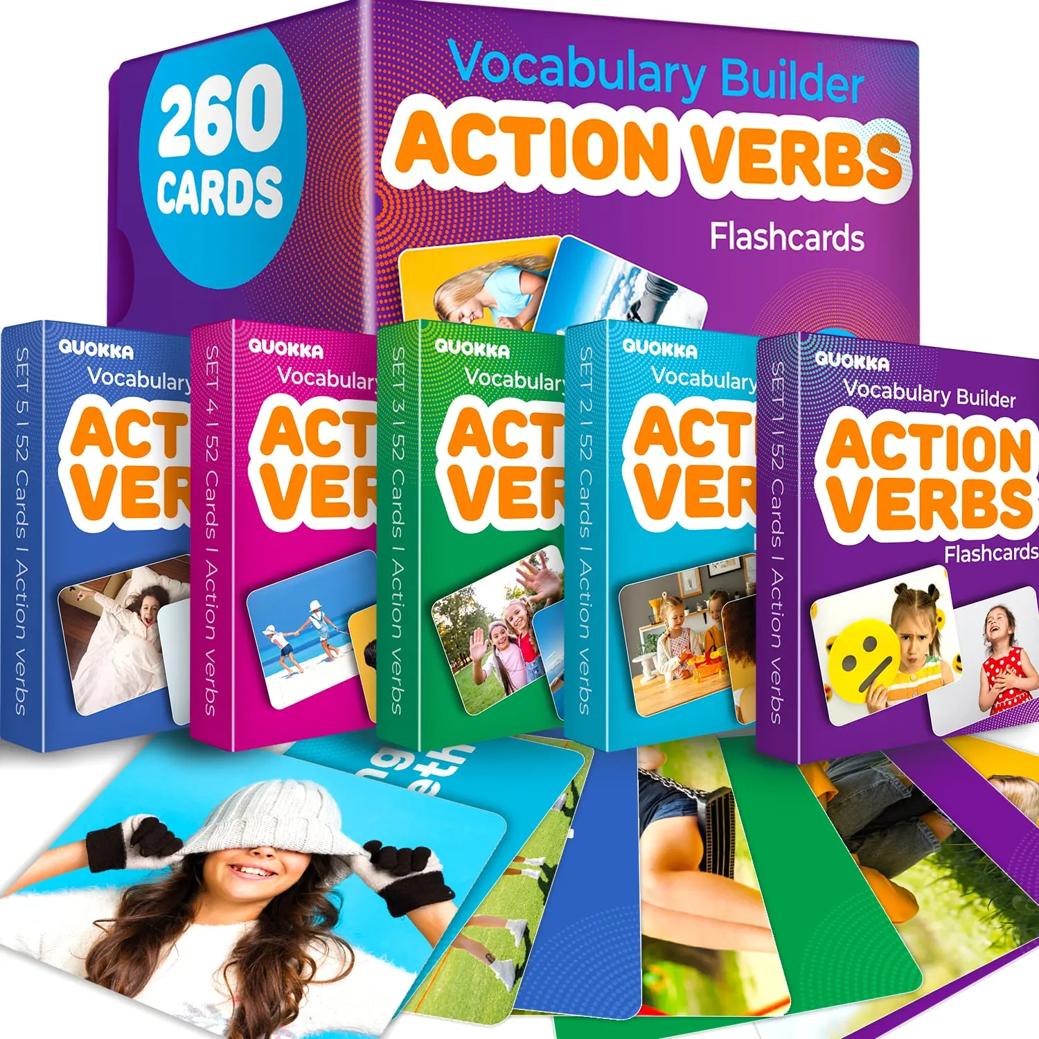 QUOKKA Language Learning Flashcards, 260 Level-Based Action Verb Word Cards for Ages 5+, Speech Therapy & ESL Teaching Tool with Realistic Images