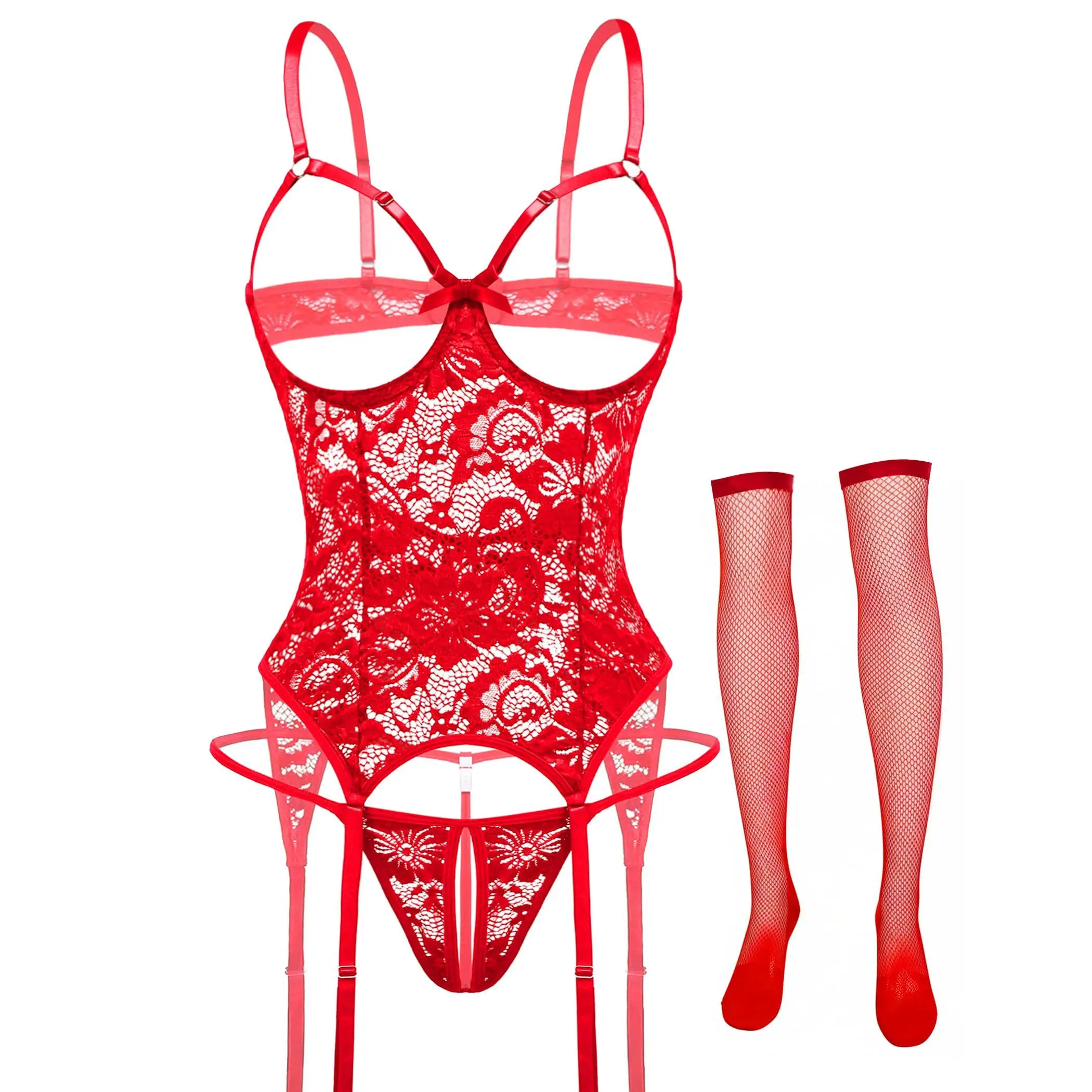 Avidlove Lingerie Sets for Women Underwire Lingerie Sexy Lace Cutout Bodysuit Garter Teddy with Fishnet Stockings