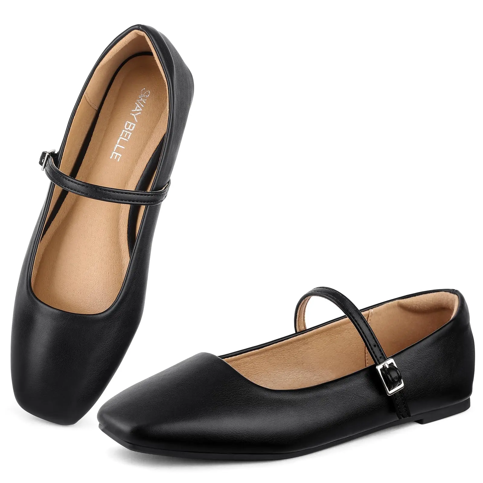 Women's Mary Jane Flats - Adjustable Buckle Strap, Square Closed Toe, Fabric Insole, Adjustable Fit for Office & Casual Wear